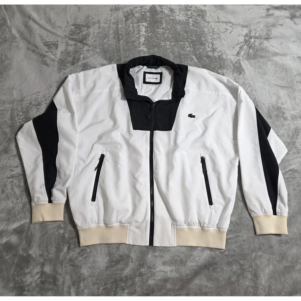 Lacoste Jacket Mens Large White Black Colorblock Full Zip Windbreaker Pockets